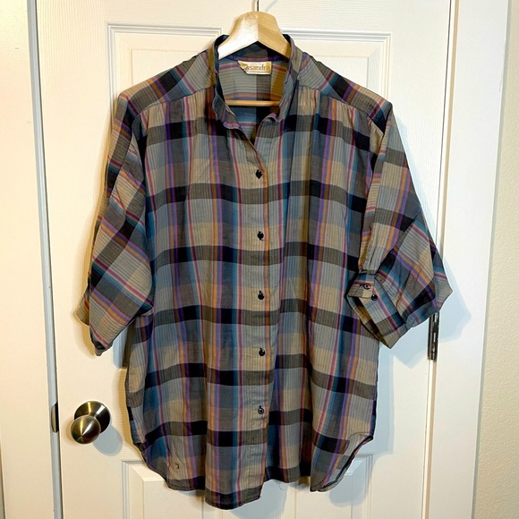 Vintage Tops - VTG Cassandra oversized gray / black plaid button down top plus sz 2X (?)